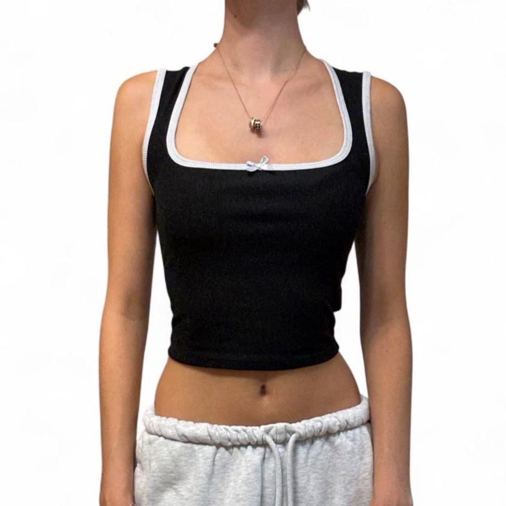 Black Square Neck Crop Tank Top with White Trim